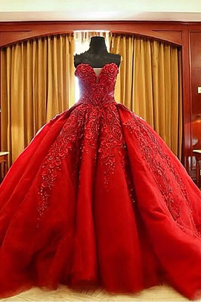 Ball Gown Red Sweetheart Tulle Prom Dress With Appliques, Puffy Quinceanera Dress N2079