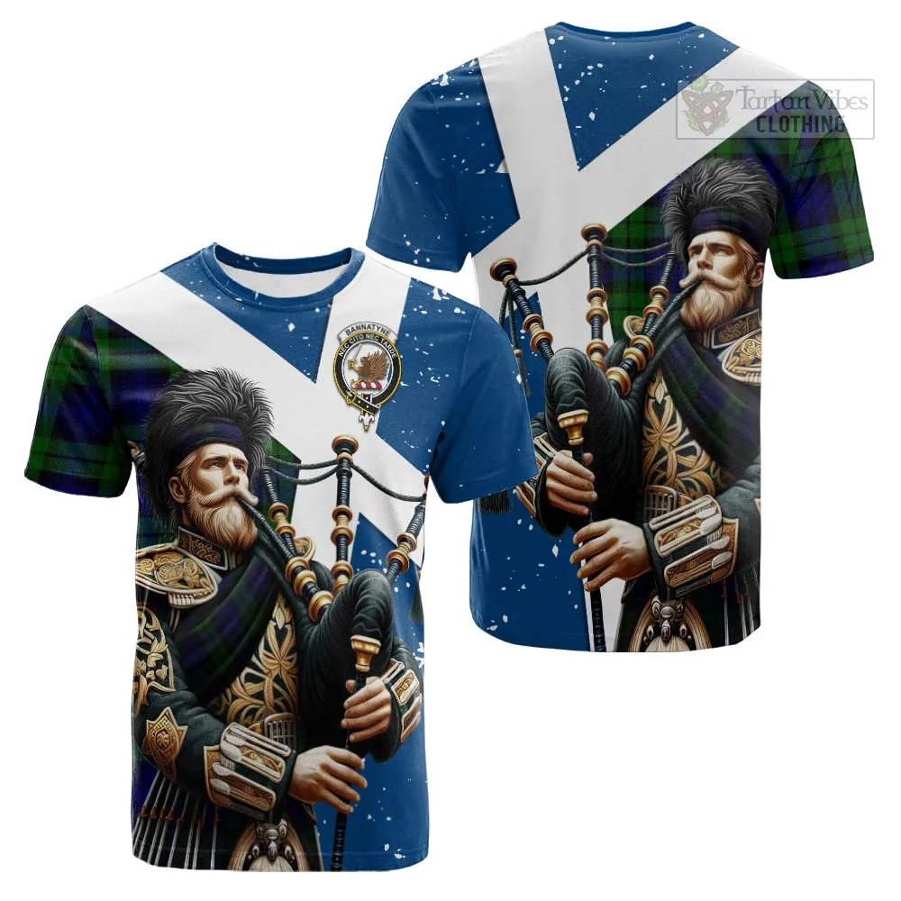 Bannatyne Tartan Cotton T-shirt with Family Crest Scottish Bagpiper Vibes