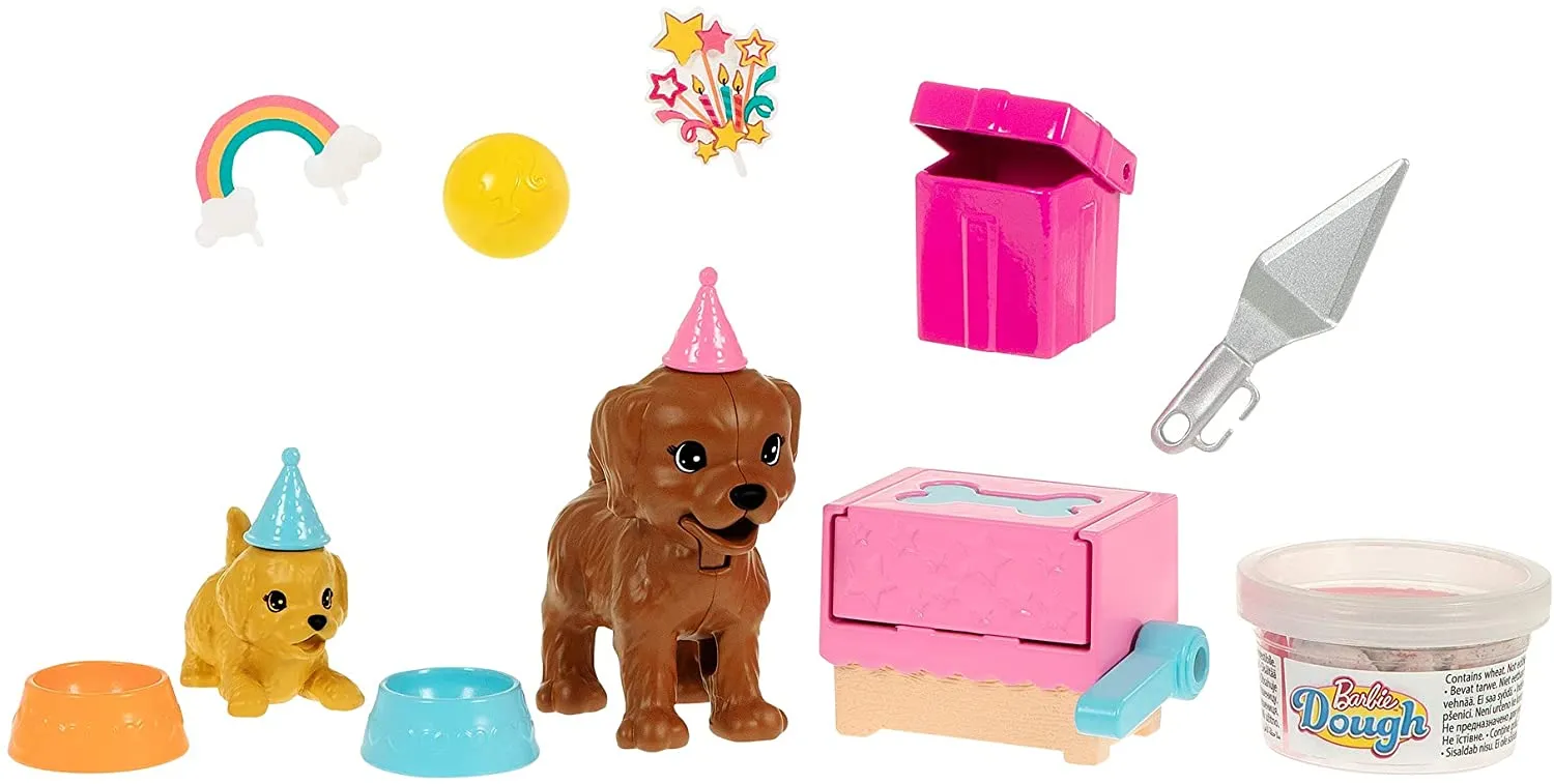 Barbie Doll (11.5-inch Blonde) and Puppy Party Playset with 2 Pet Puppies, Dough, Cake Mold and Accessories, Gift for 3 to 7 Year Olds