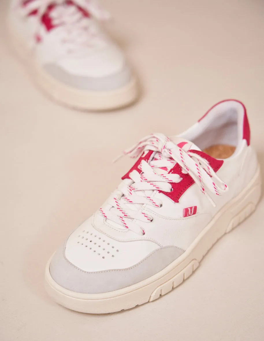 Baskets basses Albertine - Cuir et suède vegan blanc fuchsia