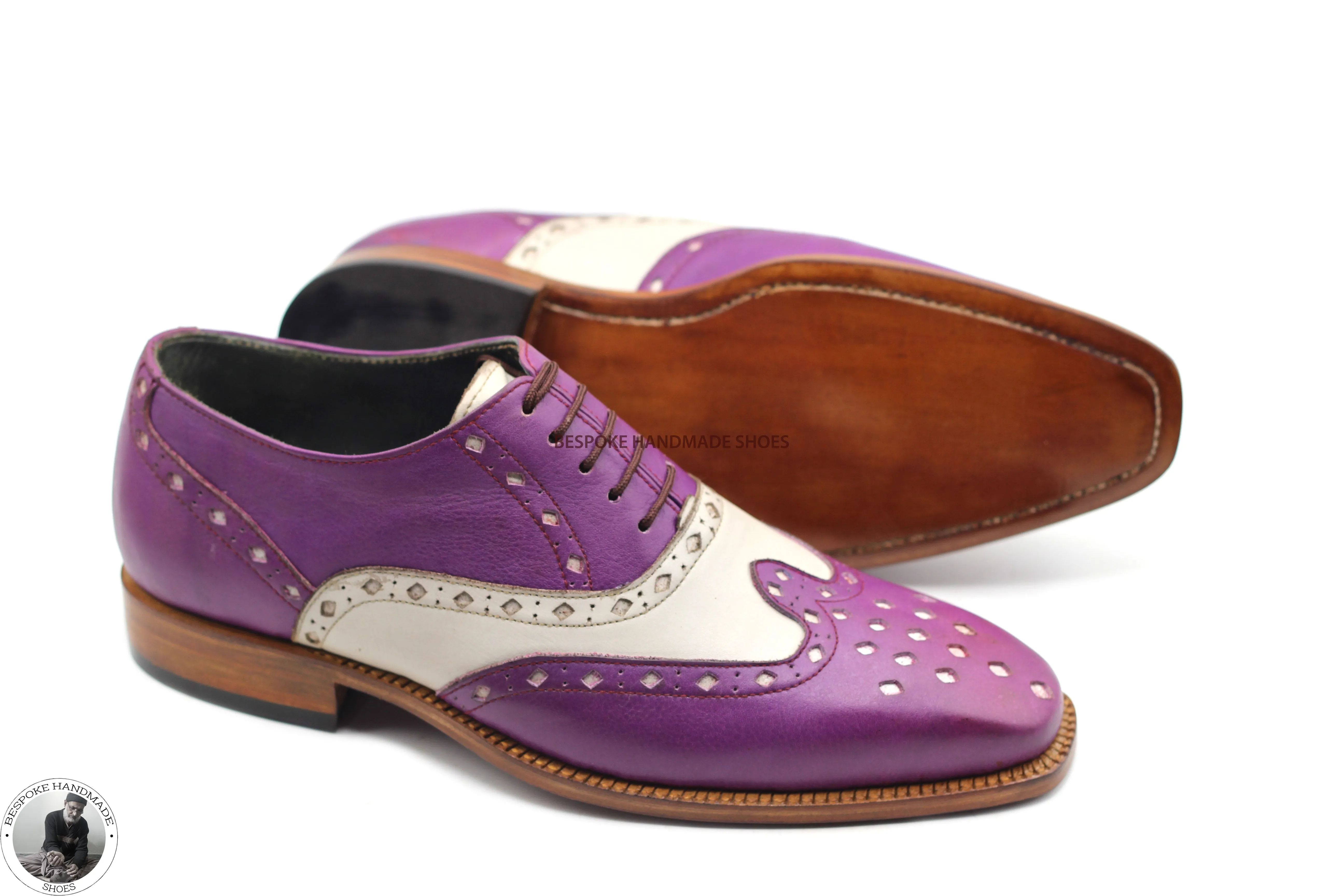 Bespoke Handmade Genuine Purple And White Pure Leather Brogue Wingtip Oxford Lace up Formal Shoes