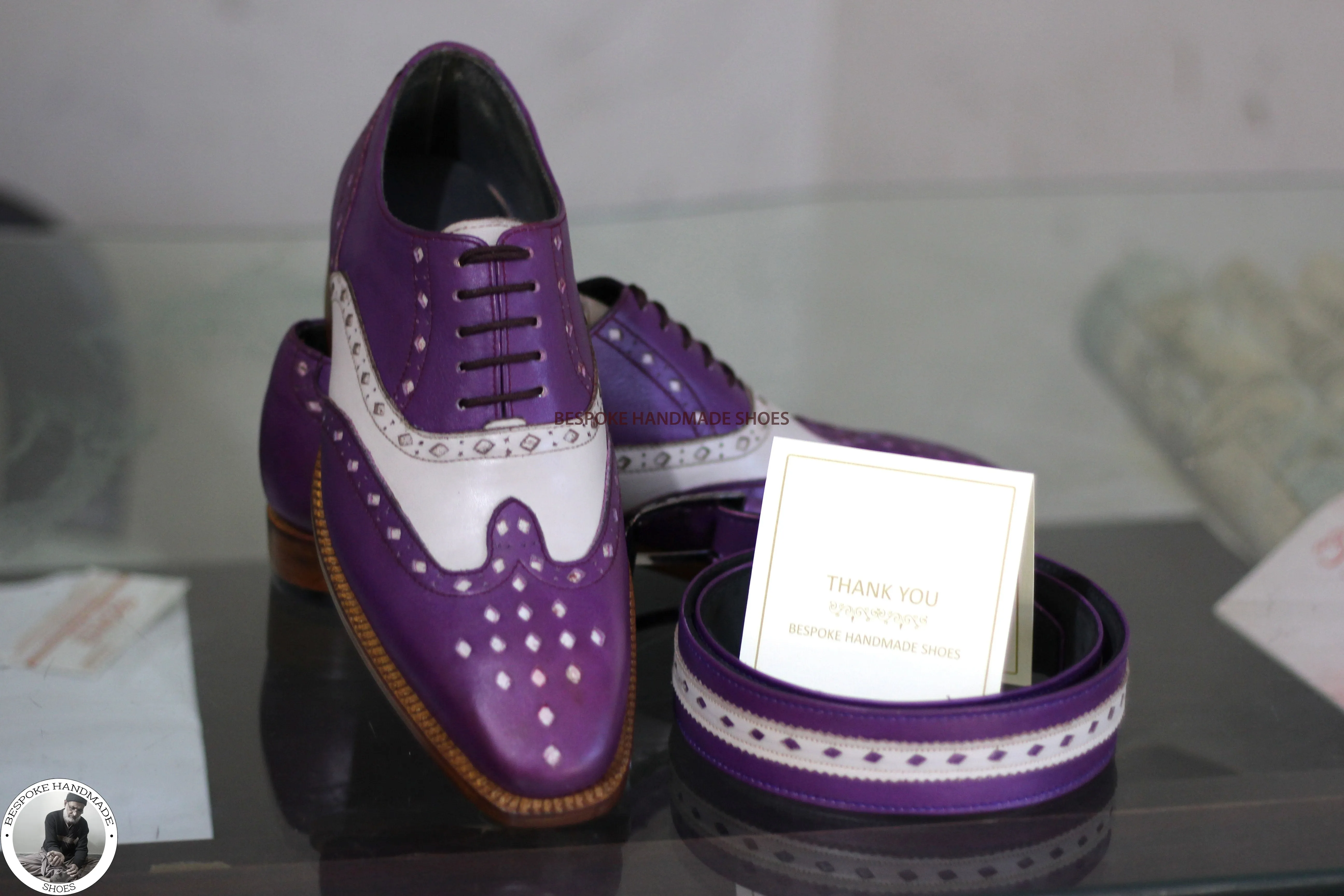 Bespoke Handmade Genuine Purple And White Pure Leather Brogue Wingtip Oxford Lace up Formal Shoes