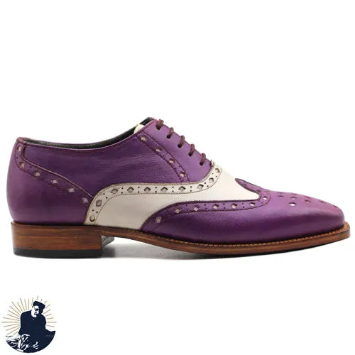 Bespoke Handmade Genuine Purple And White Pure Leather Brogue Wingtip Oxford Lace up Formal Shoes