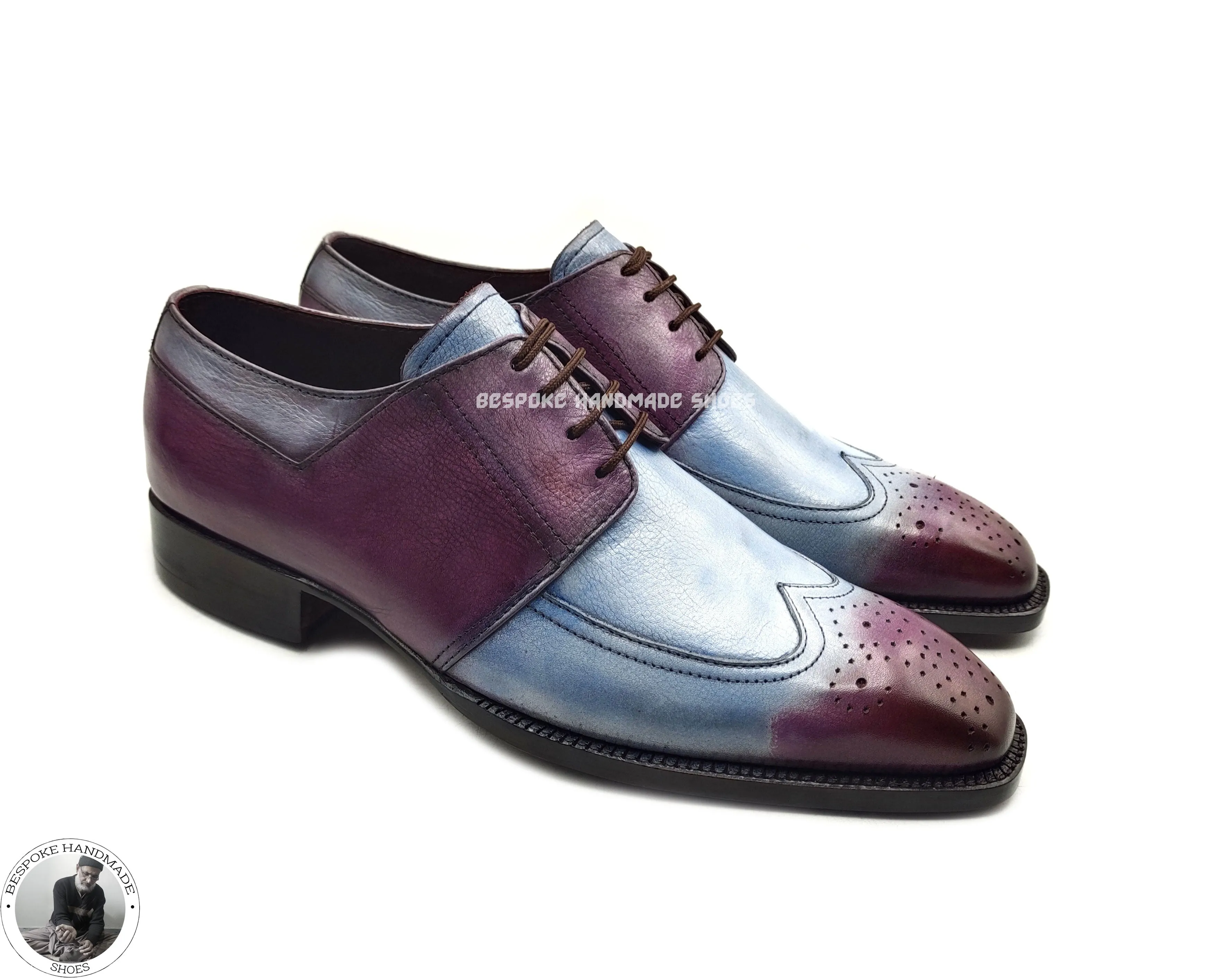 Bespoke Handmade Shoes, Hand Painted Blue & Purple Pure Leather Brogue Derby Formal Shoe