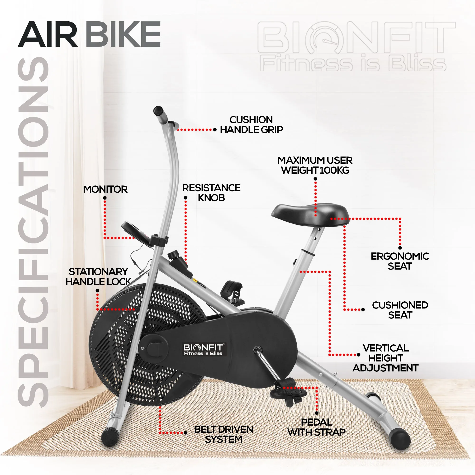 Bionfit ON01F Fixed Handle Air Bike - 100kg Max User Weight with Adjustable Resistance - 2 Year Warranty