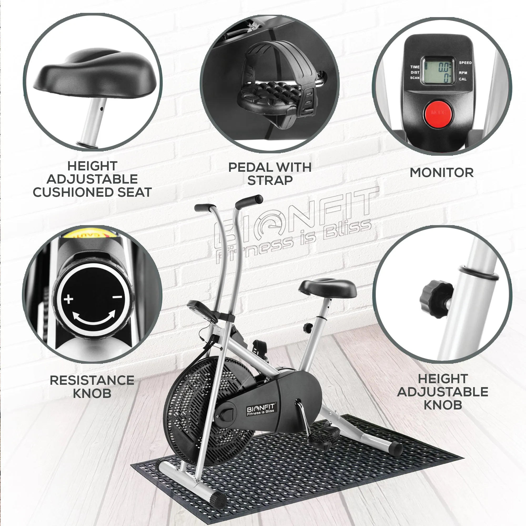 Bionfit ON01F Fixed Handle Air Bike - 100kg Max User Weight with Adjustable Resistance - 2 Year Warranty