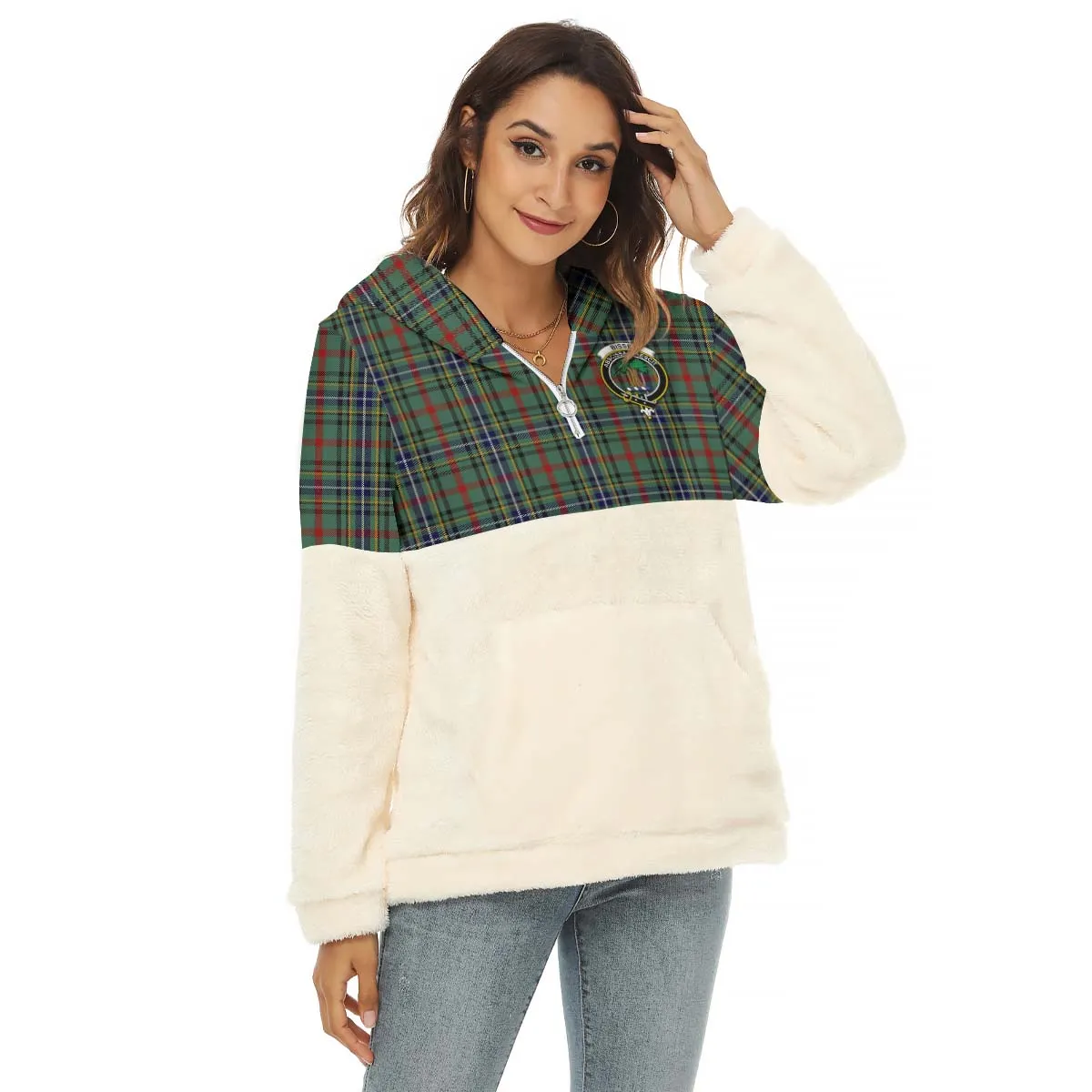 Bisset Tartan Women's Borg Fleece Hoodie With Half Zip with Family Crest