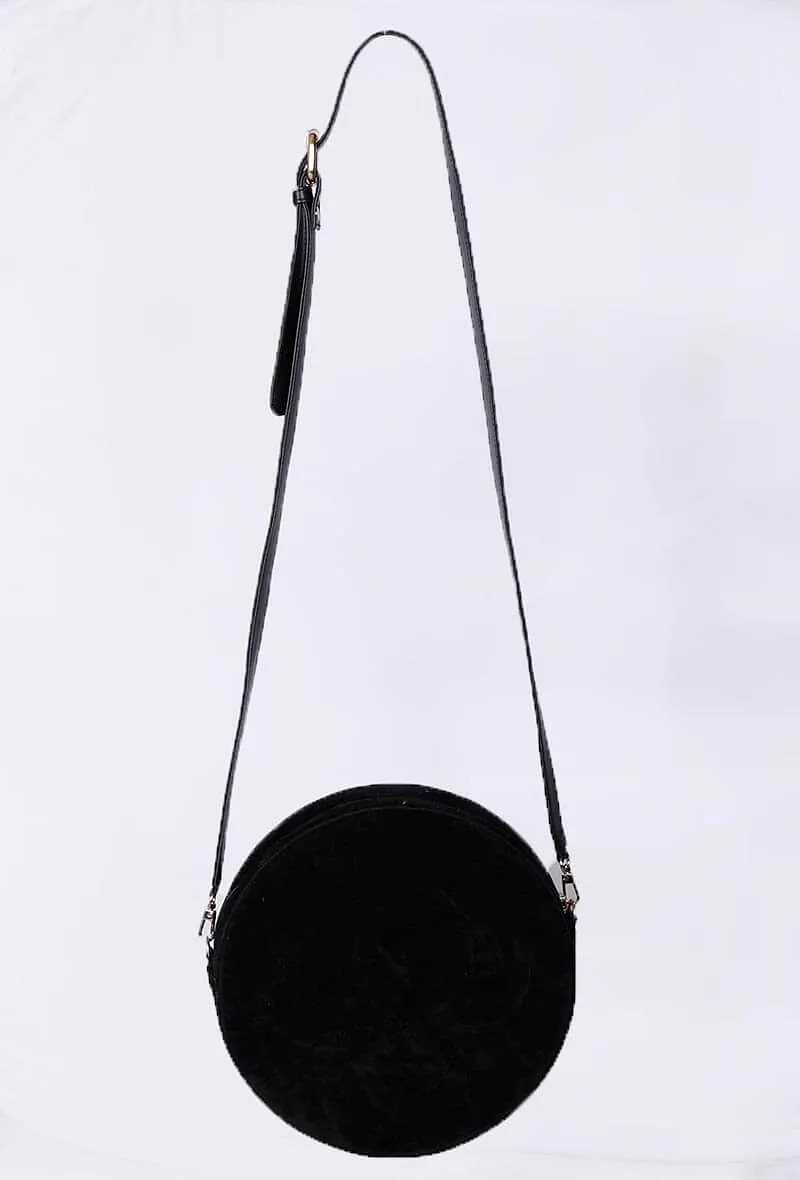 Black Aari Embroidery Round Suede Sling Bag