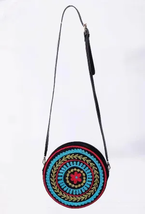 Black Aari Embroidery Round Suede Sling Bag