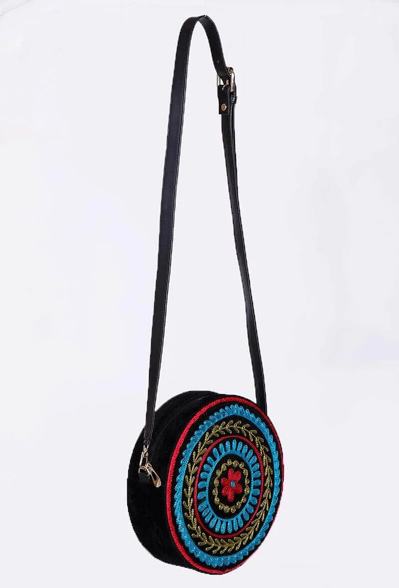 Black Aari Embroidery Round Suede Sling Bag