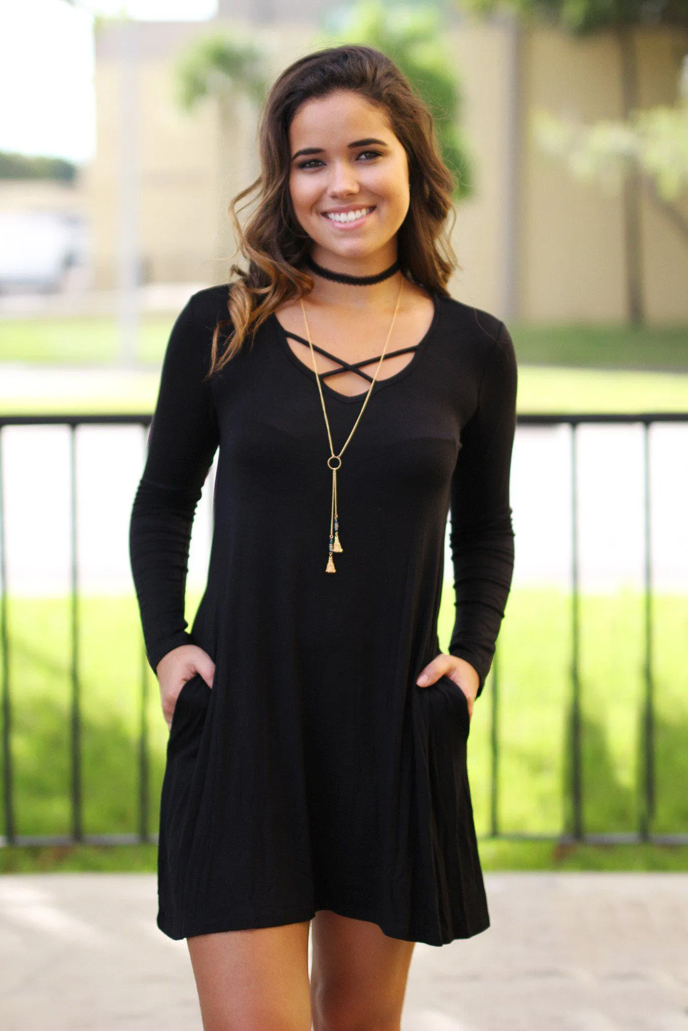 Black Criss Cross Short Dress with Pockets