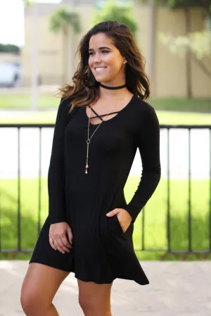 Black Criss Cross Short Dress with Pockets