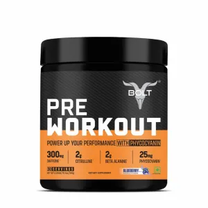 Bolt Nutrition Pre Workout Supplement With Caffeine Powder, Citrulline Malate, B-Alanine, Taurine For Explosive Energy, Pump & Focus 300G,30 Servings Blue Berry Blast