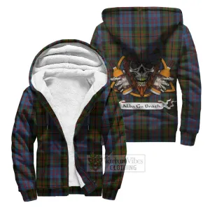 Bowie Tartan Sherpa Hoodie with Family Crest and Bearded Skull Holding Bottles of Whiskey