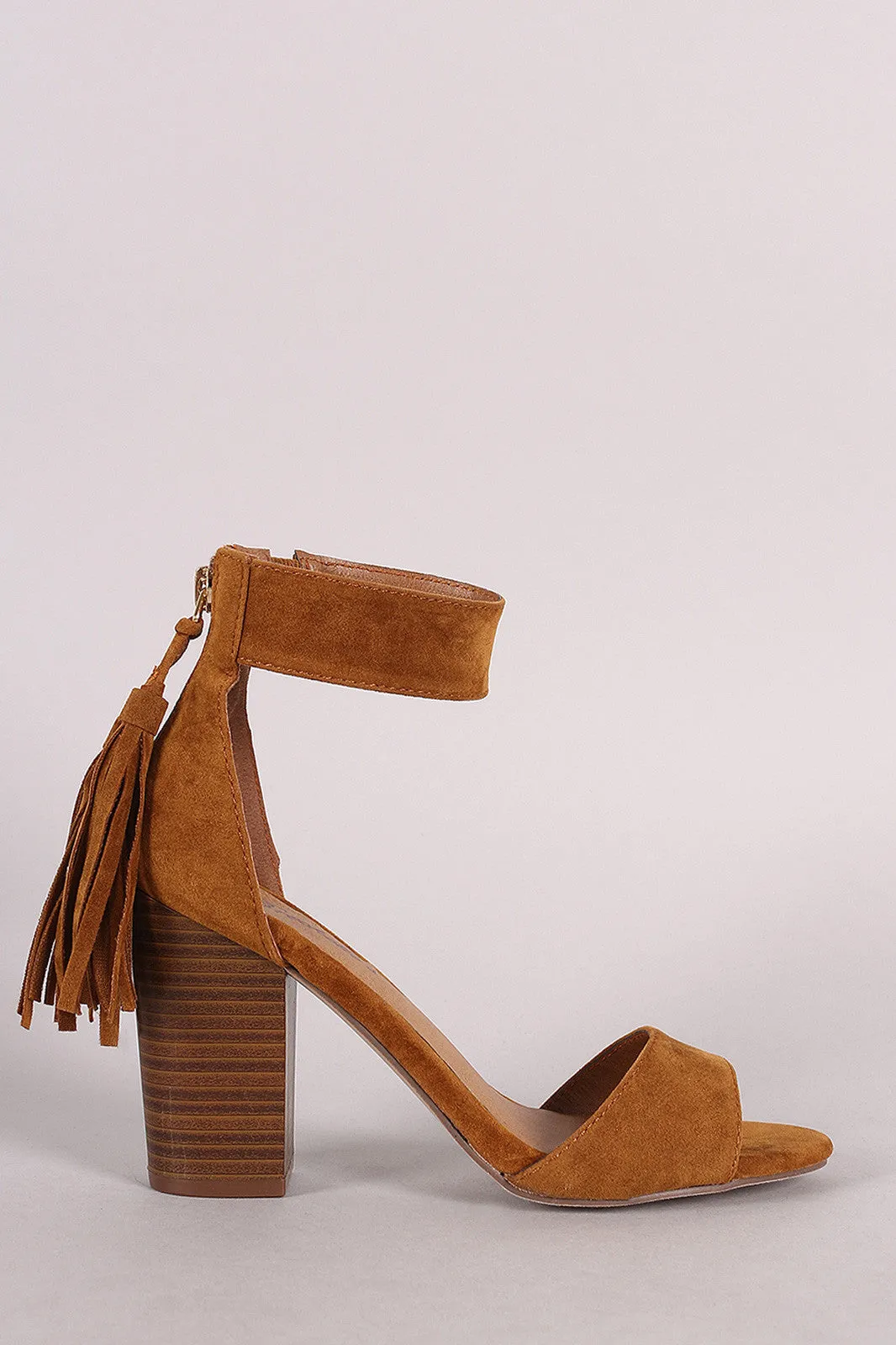 Breckelle Suede Tassel Ankle Cuff Chunky Heel