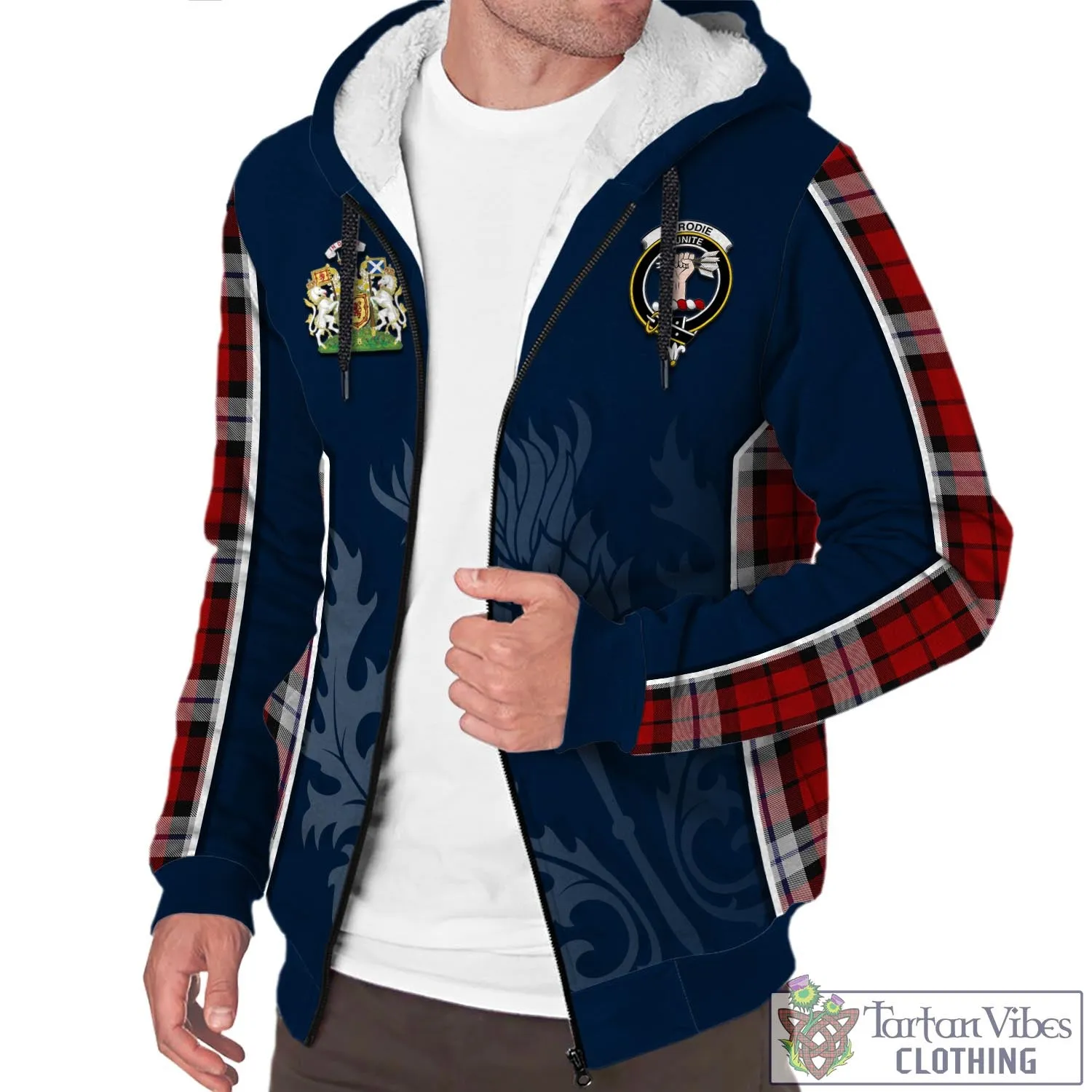 Brodie Dress Tartan Sherpa Hoodie with Family Crest and Scottish Thistle Vibes Sport Style