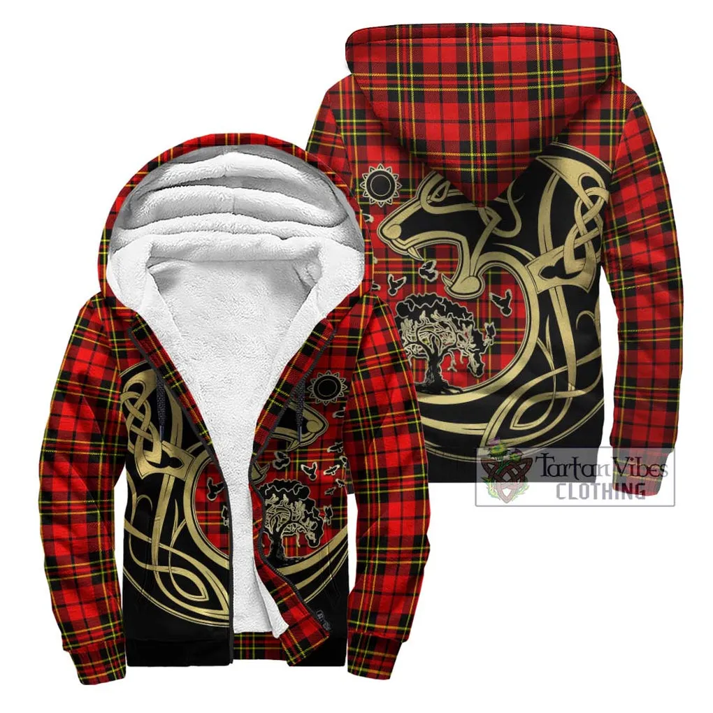 Brodie Modern Tartan Sherpa Hoodie with Family Crest Celtic Wolf Style