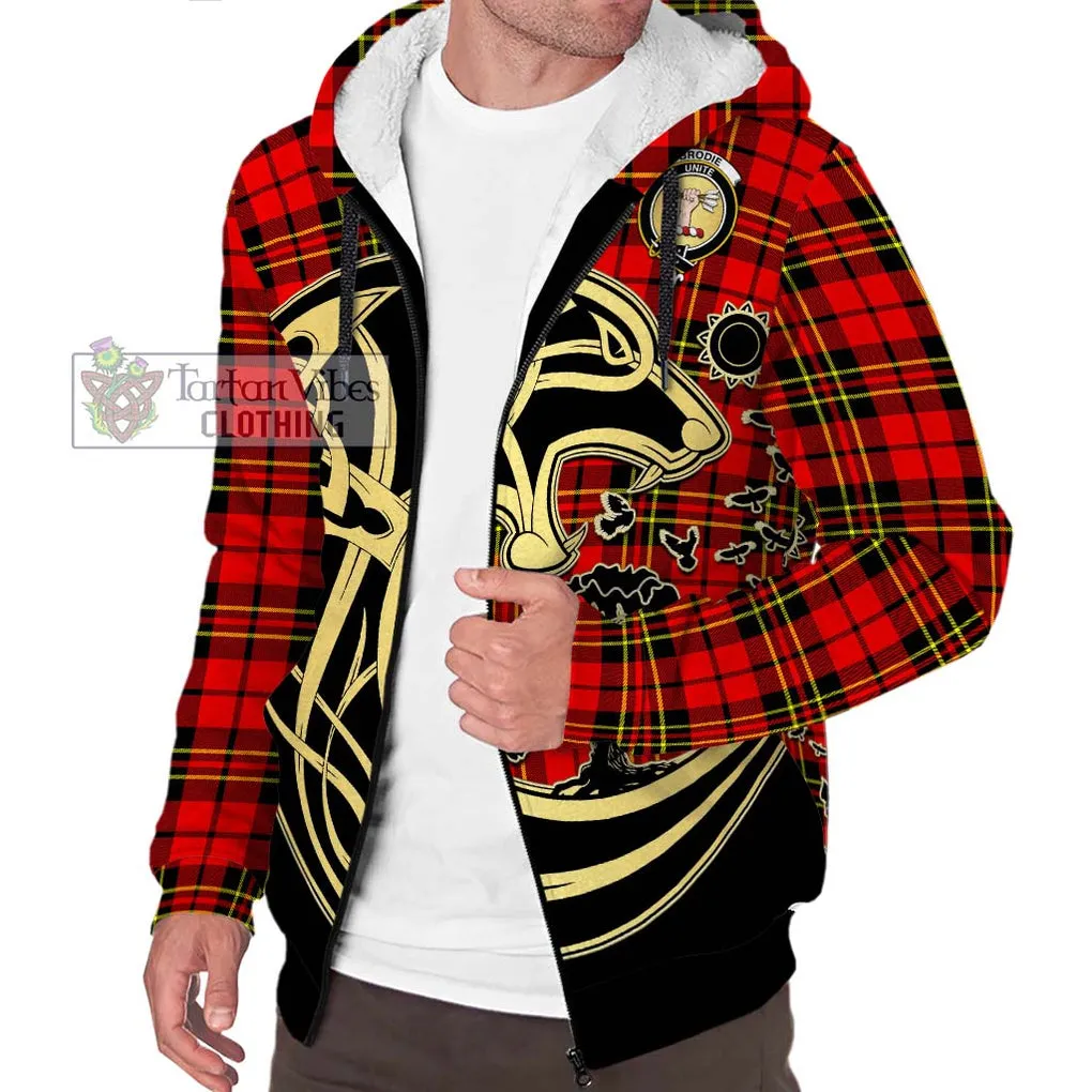 Brodie Modern Tartan Sherpa Hoodie with Family Crest Celtic Wolf Style