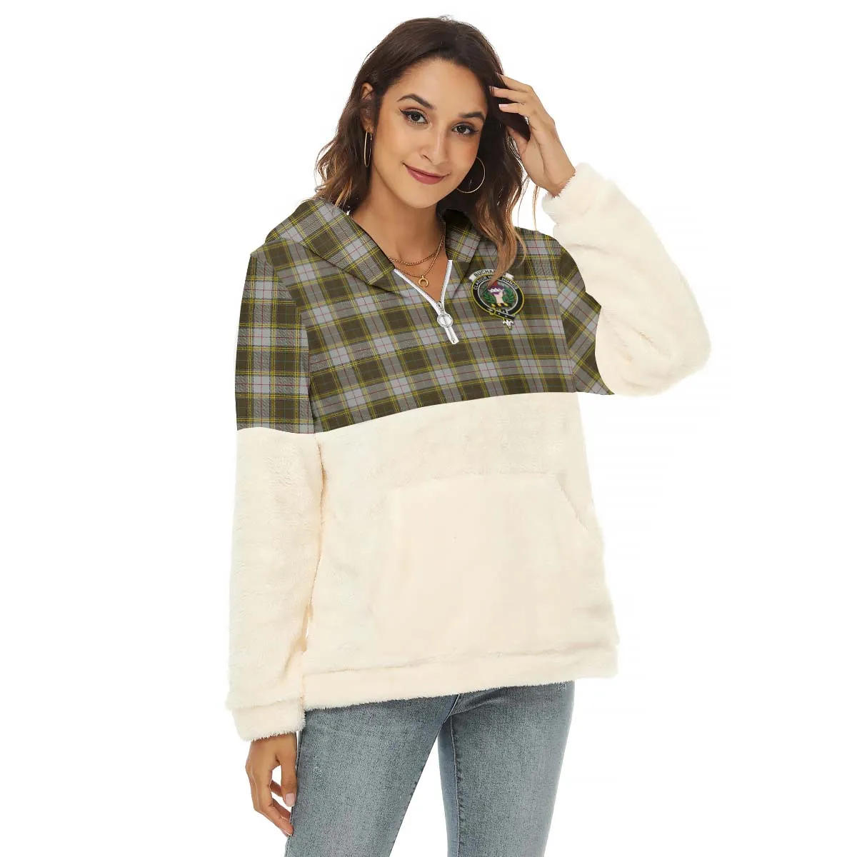 Buchanan Dress Tartan Women's Borg Fleece Hoodie With Half Zip with Family Crest