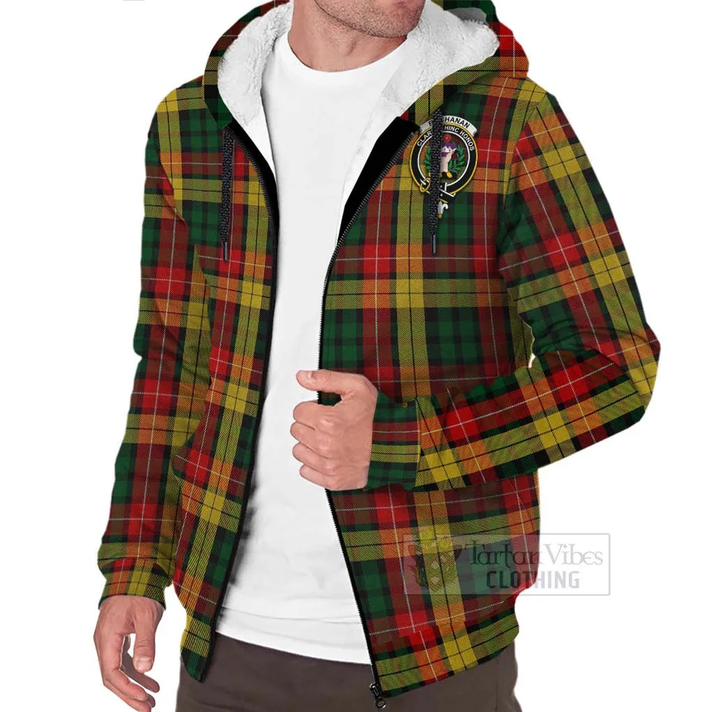 Buchanan Tartan Sherpa Hoodie with Family Crest and Bearded Skull Holding Bottles of Whiskey