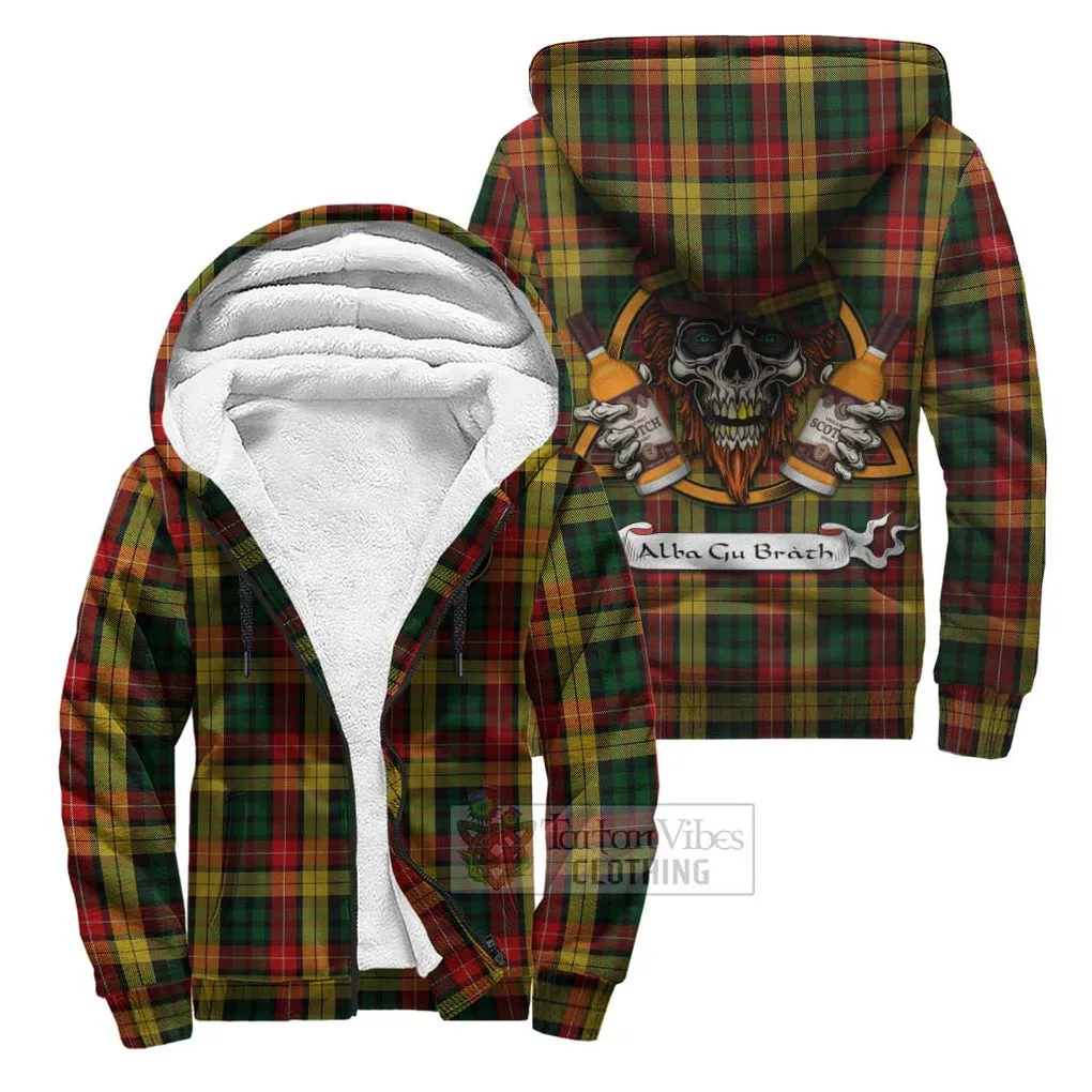 Buchanan Tartan Sherpa Hoodie with Family Crest and Bearded Skull Holding Bottles of Whiskey