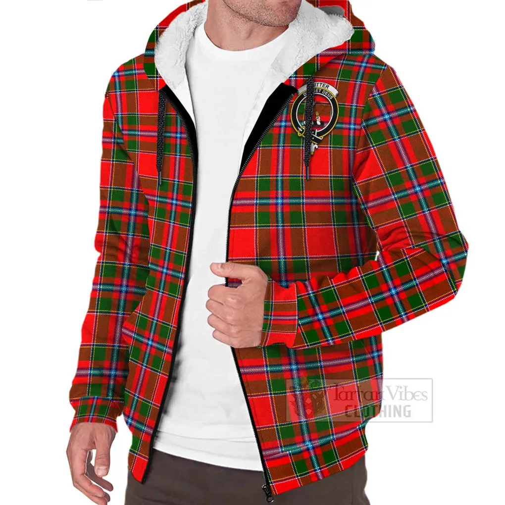 Butter Tartan Sherpa Hoodie with Family Crest and Bearded Skull Holding Bottles of Whiskey