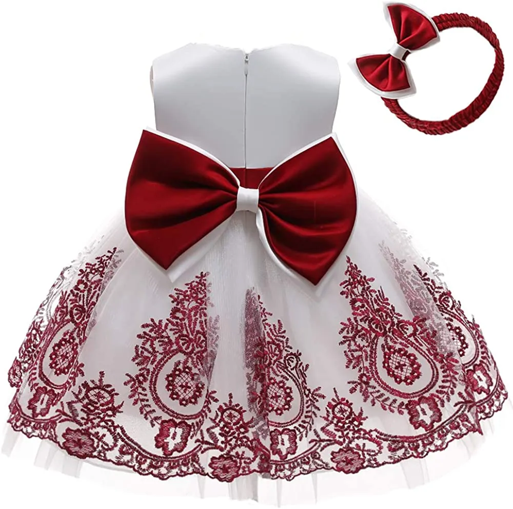 CMMCHAAH 0-6T Baby Girls Pageant Lace Embroidery Dresses Toddler Party Bowknot Tutu Gown Dress with Headwear