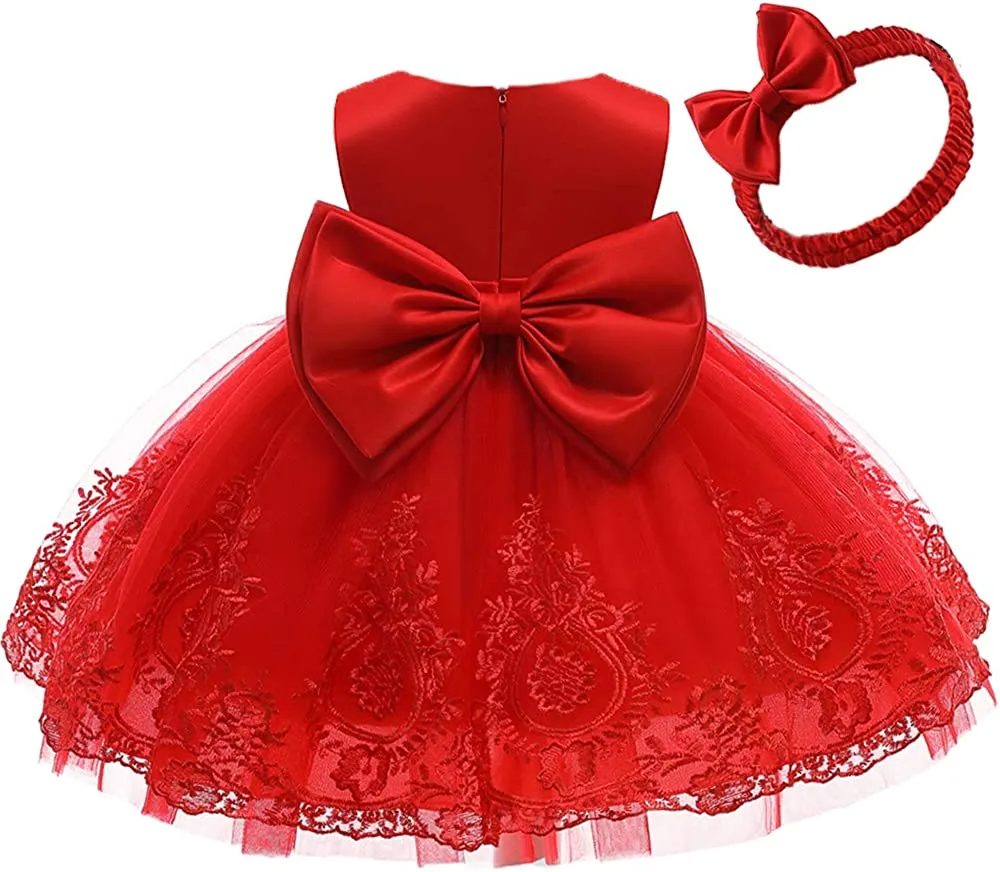 CMMCHAAH 0-6T Baby Girls Pageant Lace Embroidery Dresses Toddler Party Bowknot Tutu Gown Dress with Headwear