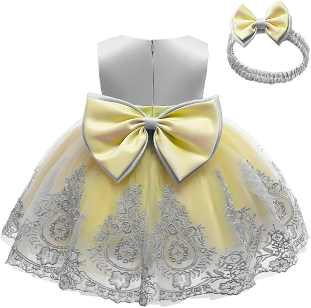 CMMCHAAH 0-6T Baby Girls Pageant Lace Embroidery Dresses Toddler Party Bowknot Tutu Gown Dress with Headwear