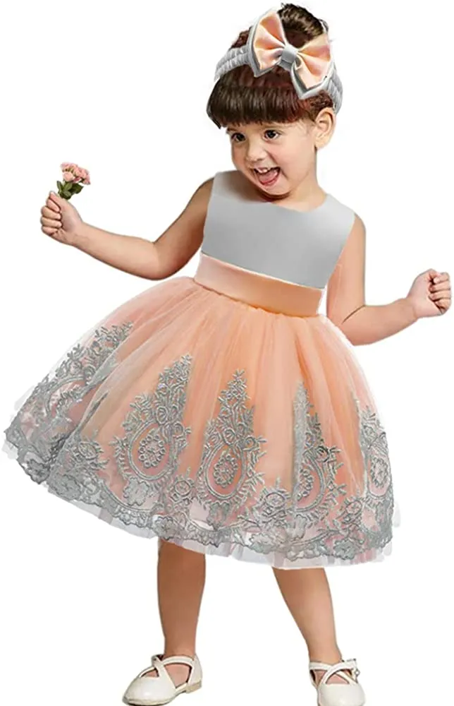 CMMCHAAH 0-6T Baby Girls Pageant Lace Embroidery Dresses Toddler Party Bowknot Tutu Gown Dress with Headwear