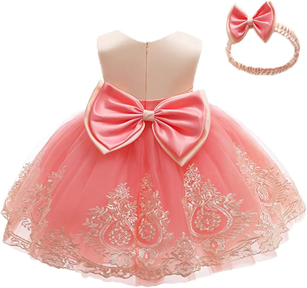 CMMCHAAH 0-6T Baby Girls Pageant Lace Embroidery Dresses Toddler Party Bowknot Tutu Gown Dress with Headwear