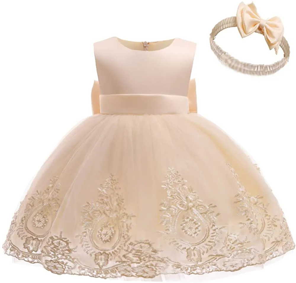 CMMCHAAH 0-6T Baby Girls Pageant Lace Embroidery Dresses Toddler Party Bowknot Tutu Gown Dress with Headwear