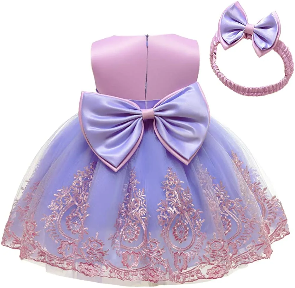 CMMCHAAH 0-6T Baby Girls Pageant Lace Embroidery Dresses Toddler Party Bowknot Tutu Gown Dress with Headwear