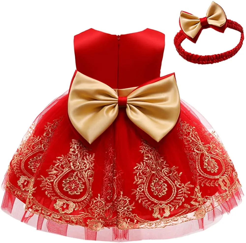 CMMCHAAH 0-6T Baby Girls Pageant Lace Embroidery Dresses Toddler Party Bowknot Tutu Gown Dress with Headwear