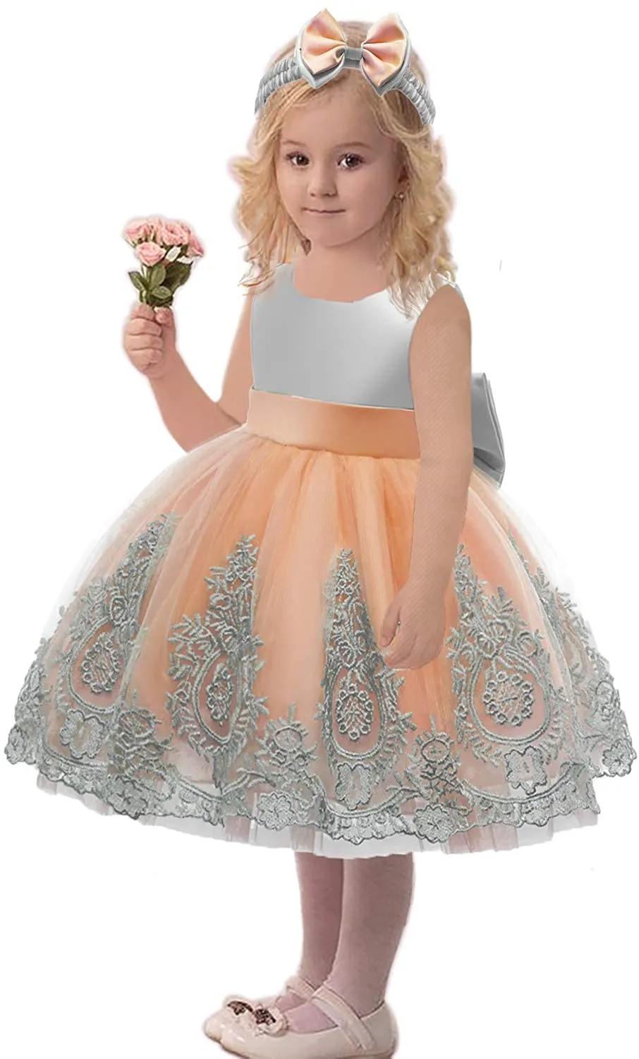 CMMCHAAH 0-6T Baby Girls Pageant Lace Embroidery Dresses Toddler Party Bowknot Tutu Gown Dress with Headwear