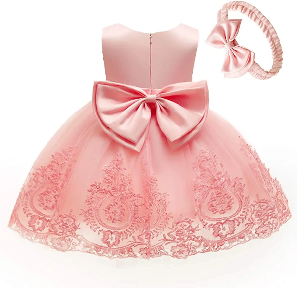 CMMCHAAH 0-6T Baby Girls Pageant Lace Embroidery Dresses Toddler Party Bowknot Tutu Gown Dress with Headwear