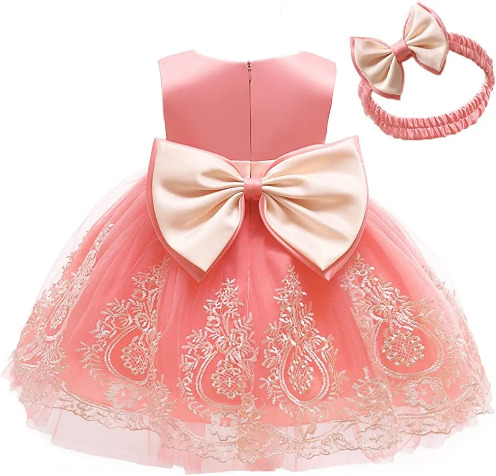 CMMCHAAH 0-6T Baby Girls Pageant Lace Embroidery Dresses Toddler Party Bowknot Tutu Gown Dress with Headwear