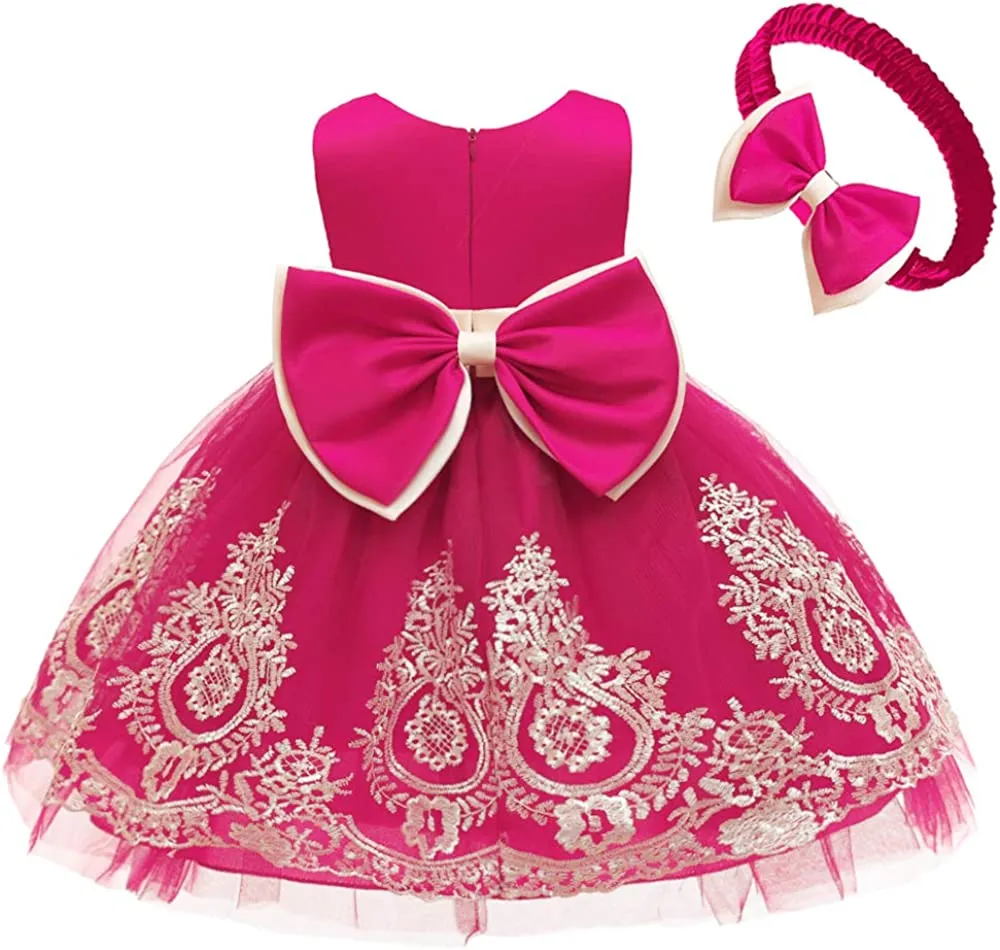 CMMCHAAH 0-6T Baby Girls Pageant Lace Embroidery Dresses Toddler Party Bowknot Tutu Gown Dress with Headwear