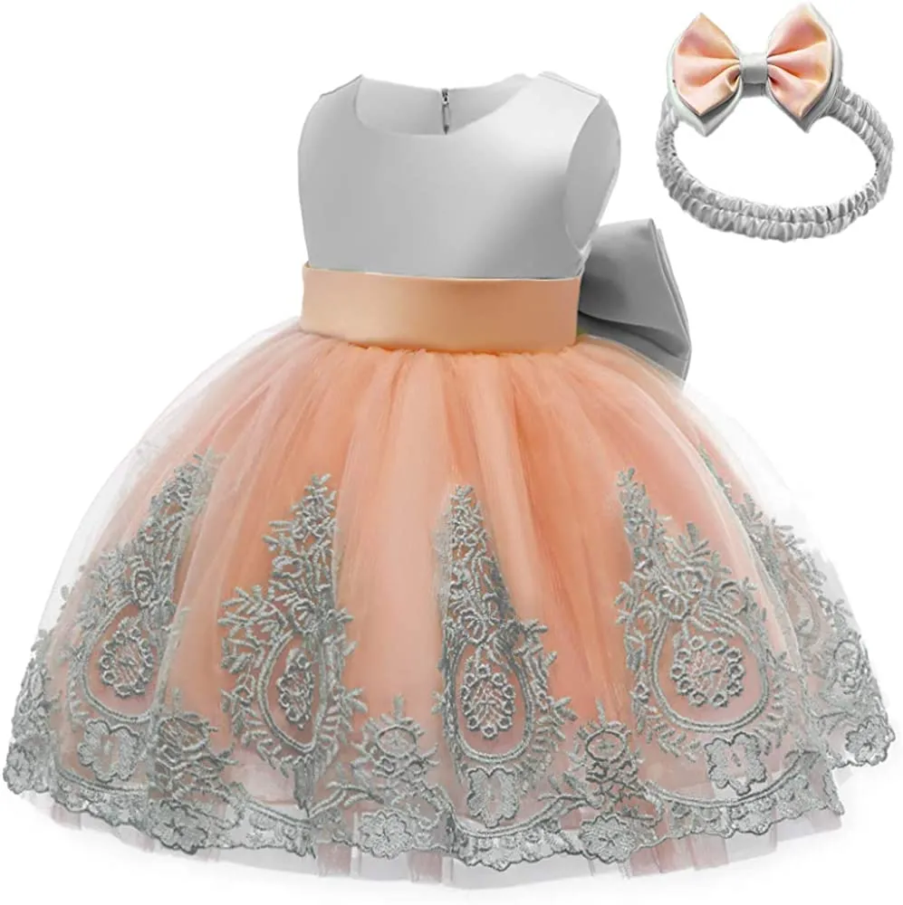 CMMCHAAH 0-6T Baby Girls Pageant Lace Embroidery Dresses Toddler Party Bowknot Tutu Gown Dress with Headwear