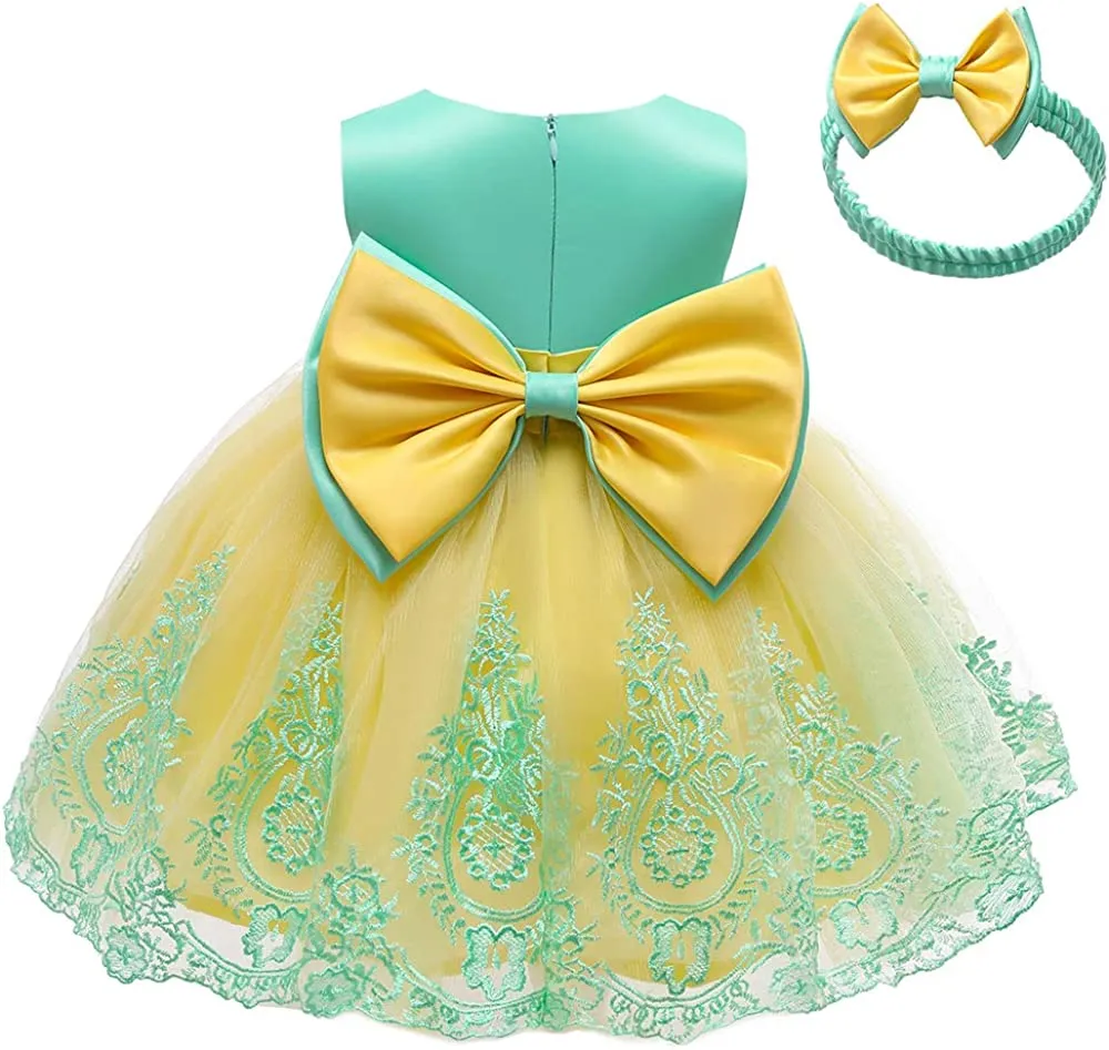 CMMCHAAH 0-6T Baby Girls Pageant Lace Embroidery Dresses Toddler Party Bowknot Tutu Gown Dress with Headwear