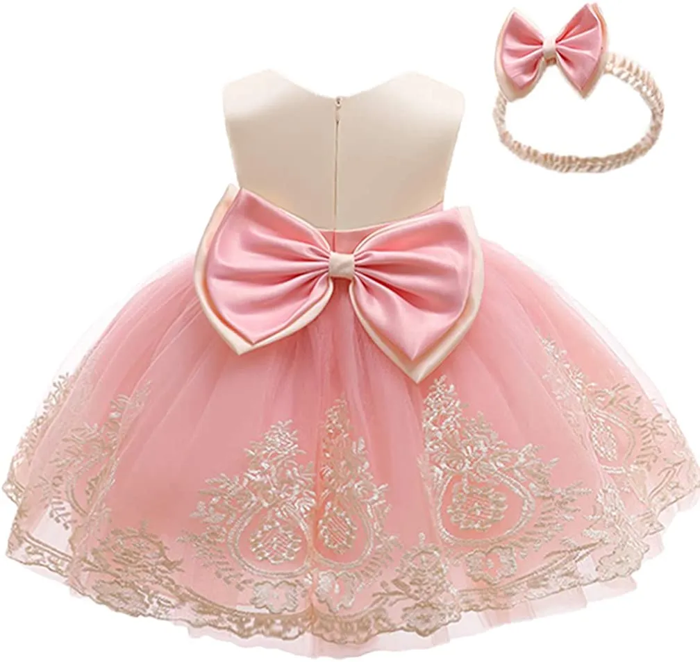 CMMCHAAH 0-6T Baby Girls Pageant Lace Embroidery Dresses Toddler Party Bowknot Tutu Gown Dress with Headwear