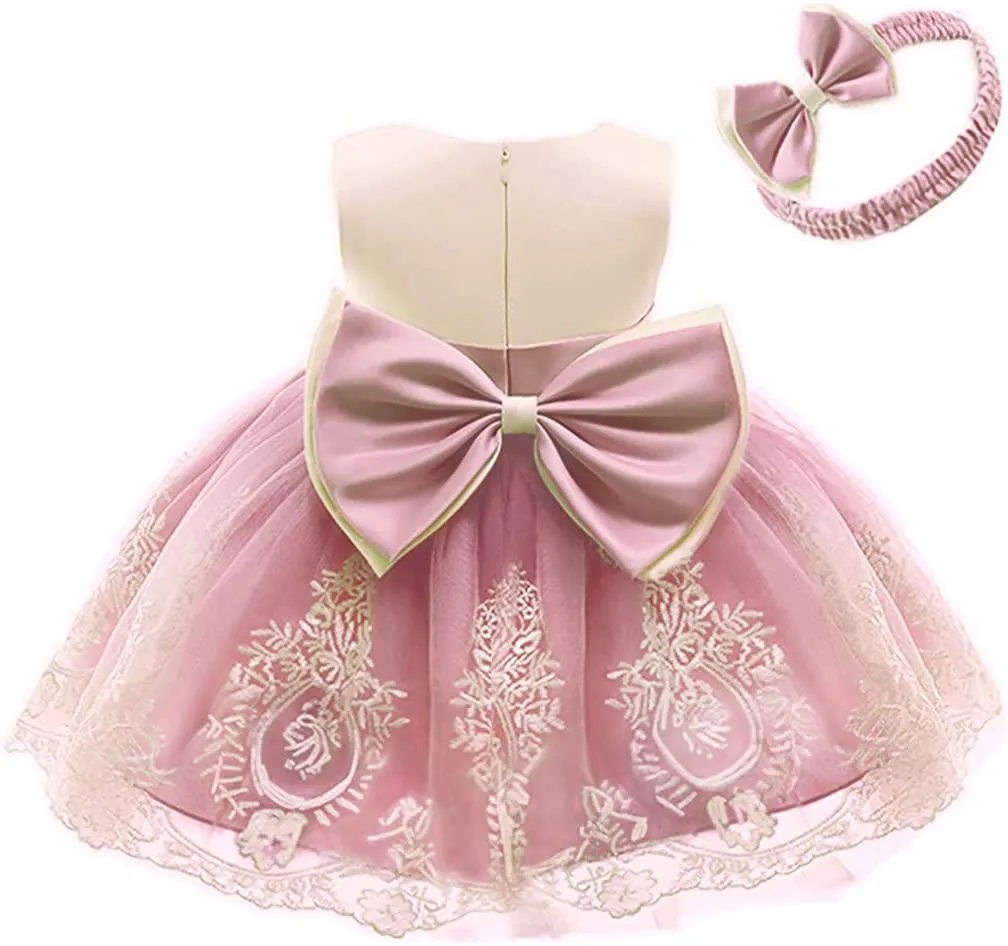 CMMCHAAH 0-6T Baby Girls Pageant Lace Embroidery Dresses Toddler Party Bowknot Tutu Gown Dress with Headwear