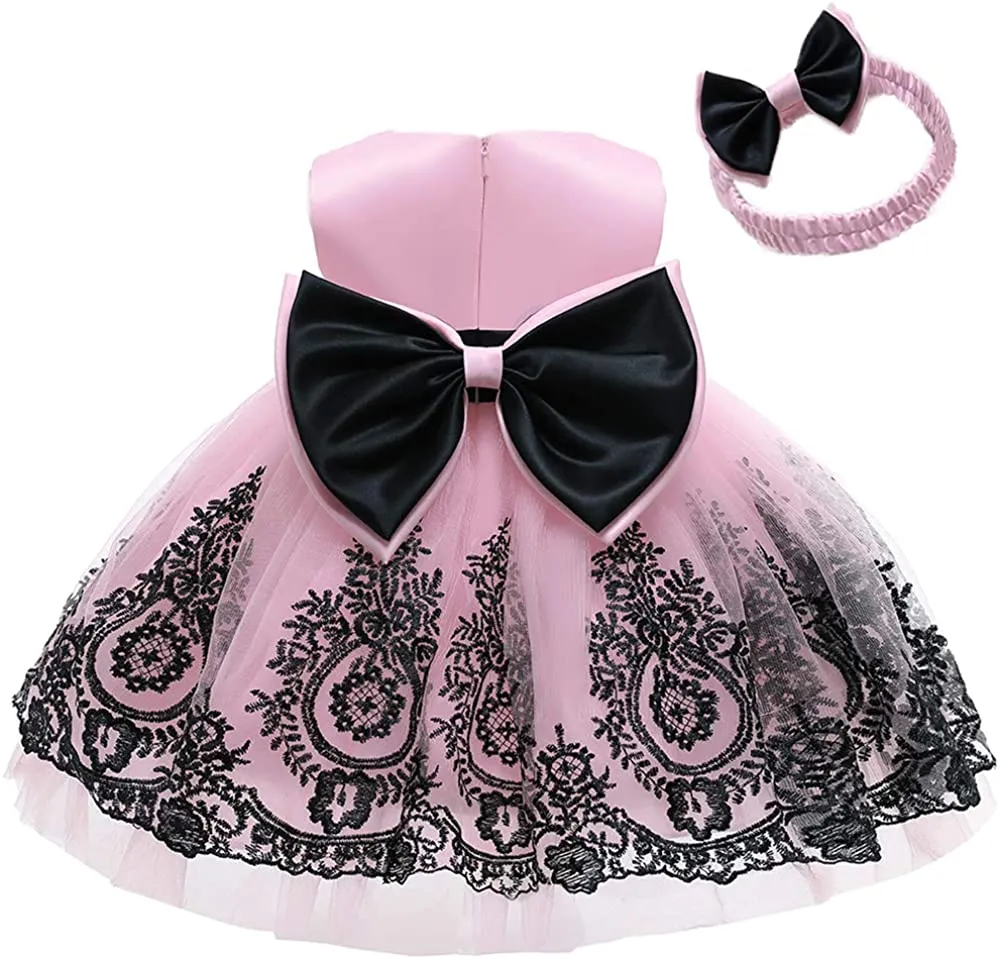 CMMCHAAH 0-6T Baby Girls Pageant Lace Embroidery Dresses Toddler Party Bowknot Tutu Gown Dress with Headwear