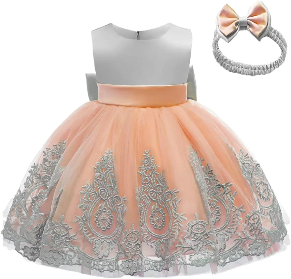 CMMCHAAH 0-6T Baby Girls Pageant Lace Embroidery Dresses Toddler Party Bowknot Tutu Gown Dress with Headwear