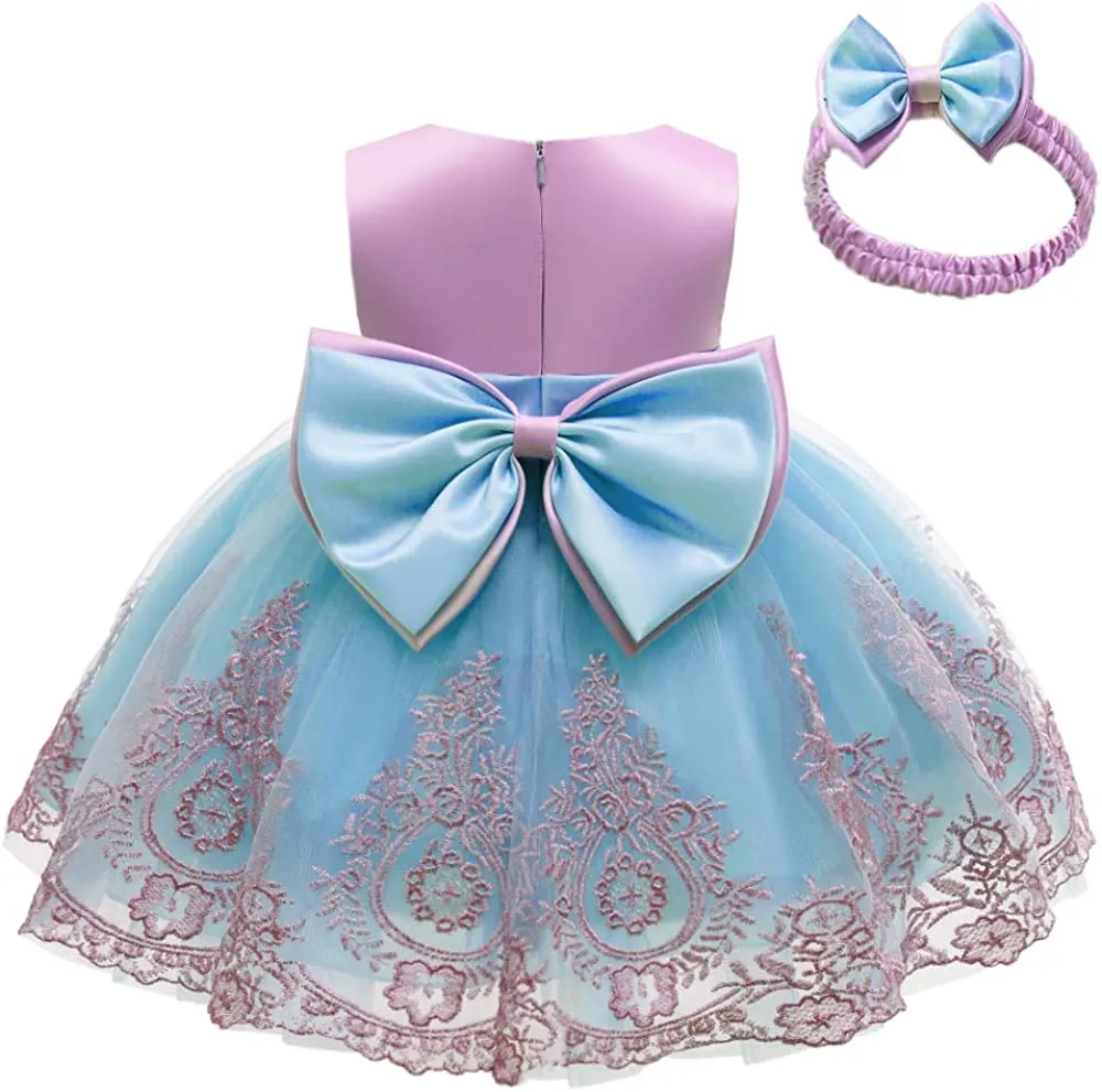 CMMCHAAH 0-6T Baby Girls Pageant Lace Embroidery Dresses Toddler Party Bowknot Tutu Gown Dress with Headwear