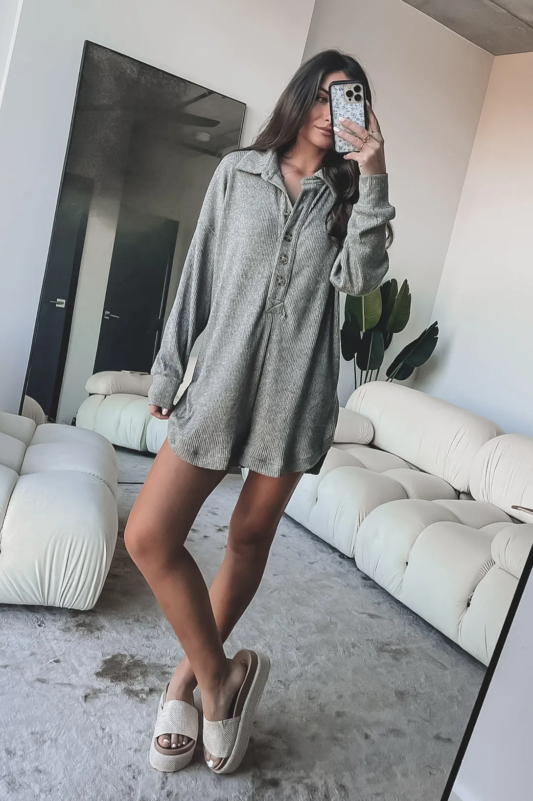 Coffee In The Morning Gray Ribbed Sweater Romper