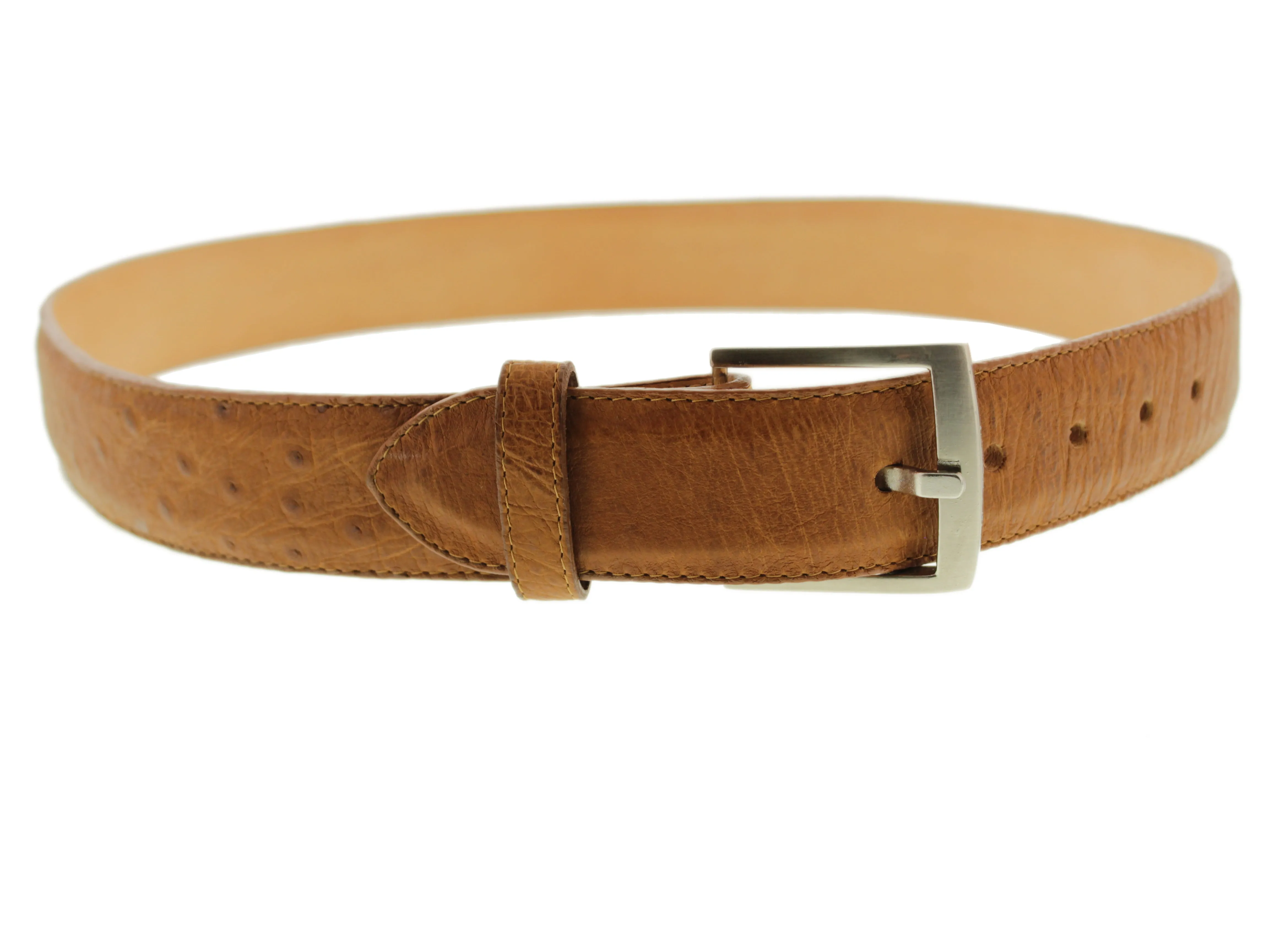 Cognac Western Cowboy Belt Real Ostrich Skin Leather - Silver Buckle