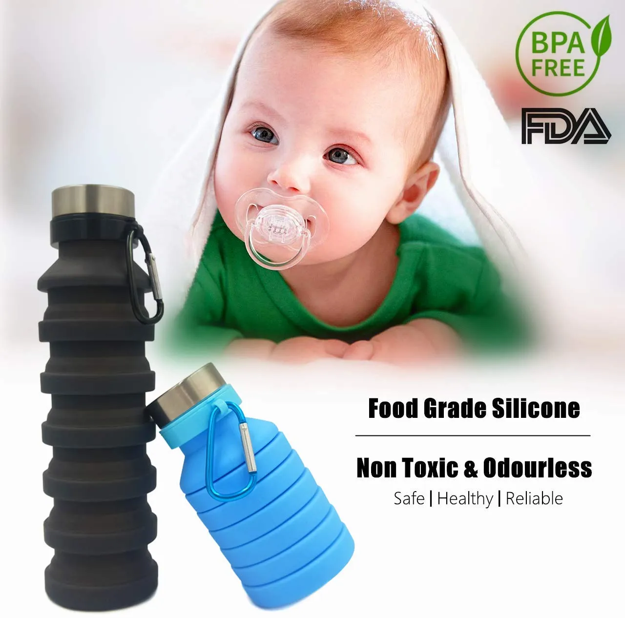 Collapsible Water Bottle, BPA Free, FDA Approved, Food-Grade Silicone Leak Proof Portable Sports Travel Water Bottle for Outdoor, Gym, Hiking