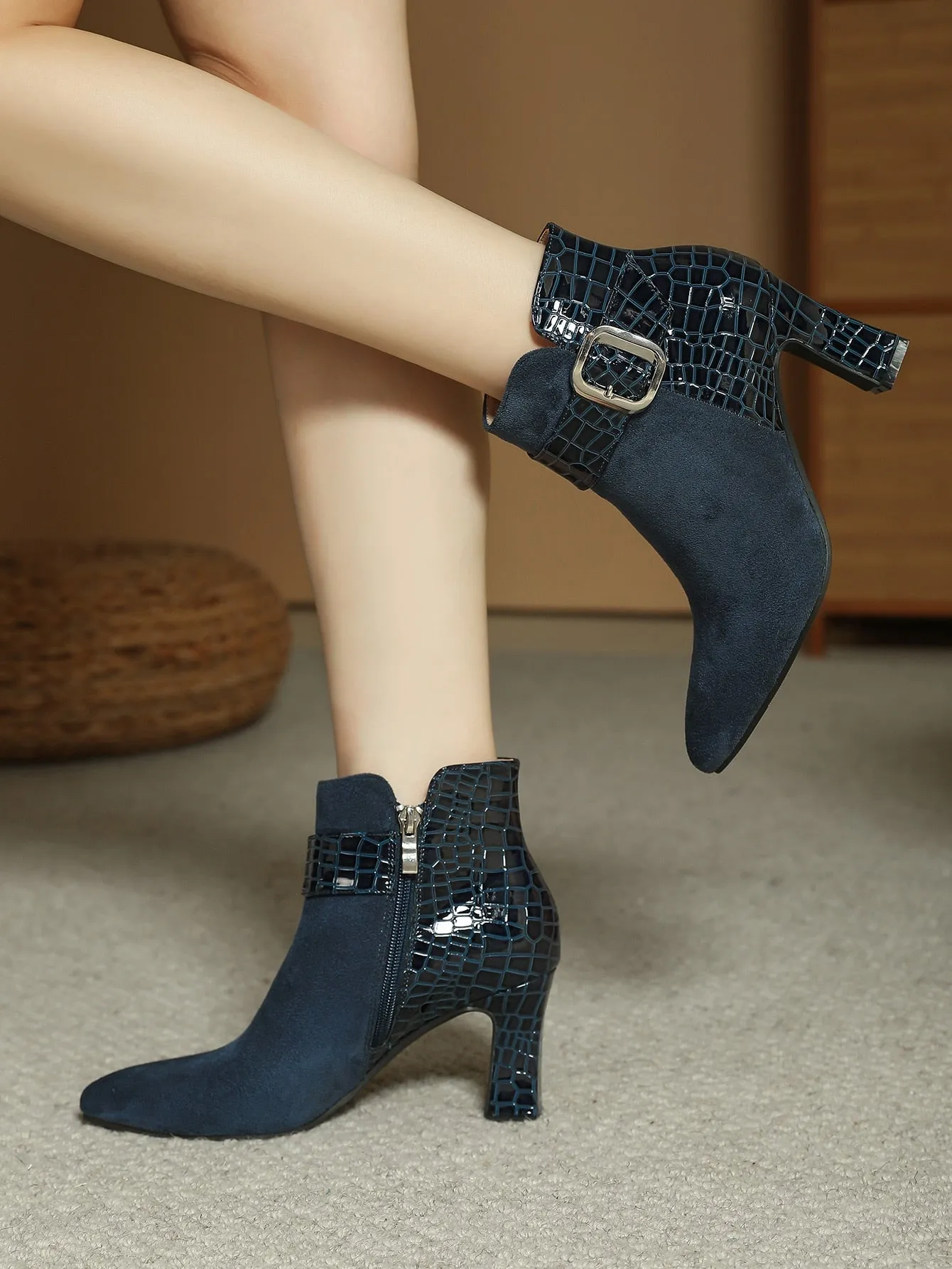 Crocodile Embossed Buckle Decor Side Zip Heeled Faux Suede Classic Boots