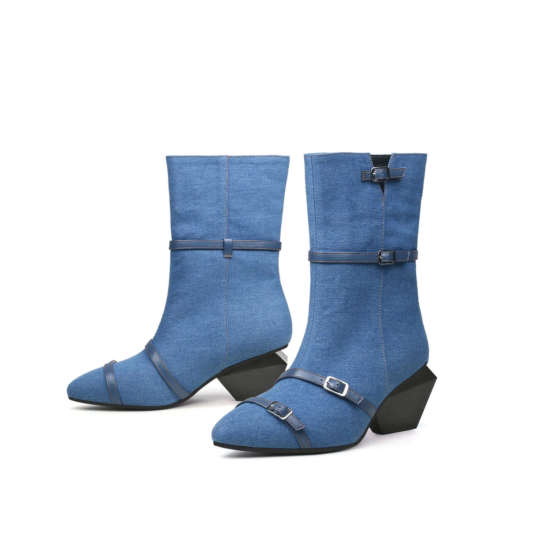 Cross Buckle Straps Denim Blue Mid Thigh Boots